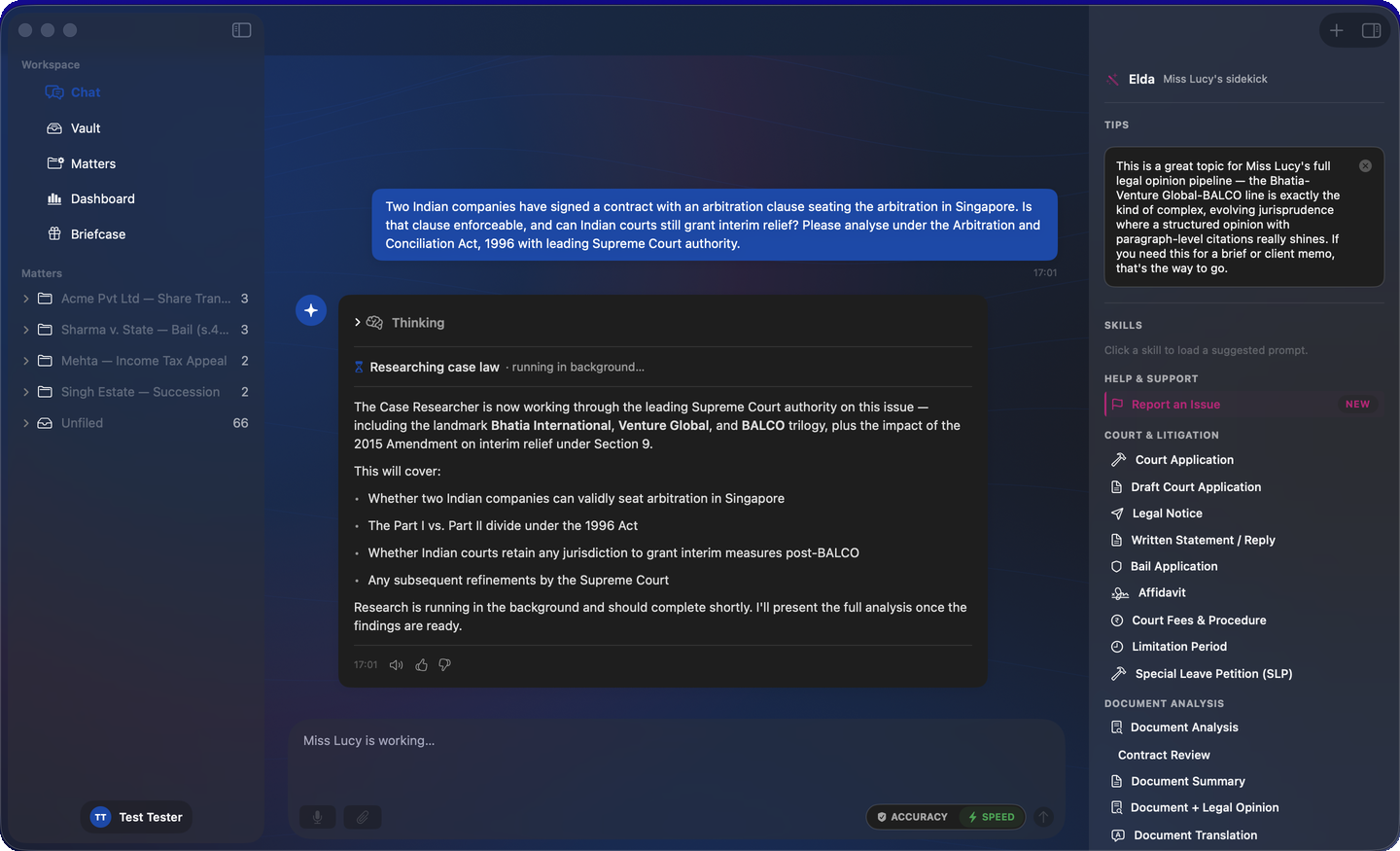 Miss Lucy's Mac app in dark mode — native sidebar, sharp message bubbles and the assistance pane