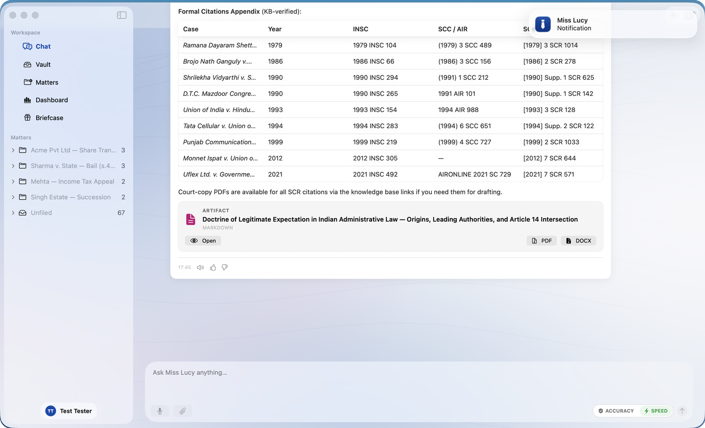 A macOS notification from Miss Lucy announcing finished research, with the completed citations appendix behind it
