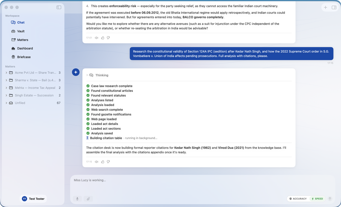 A research run in Miss Lucy's Mac app with eleven completed steps showing green ticks and one still running