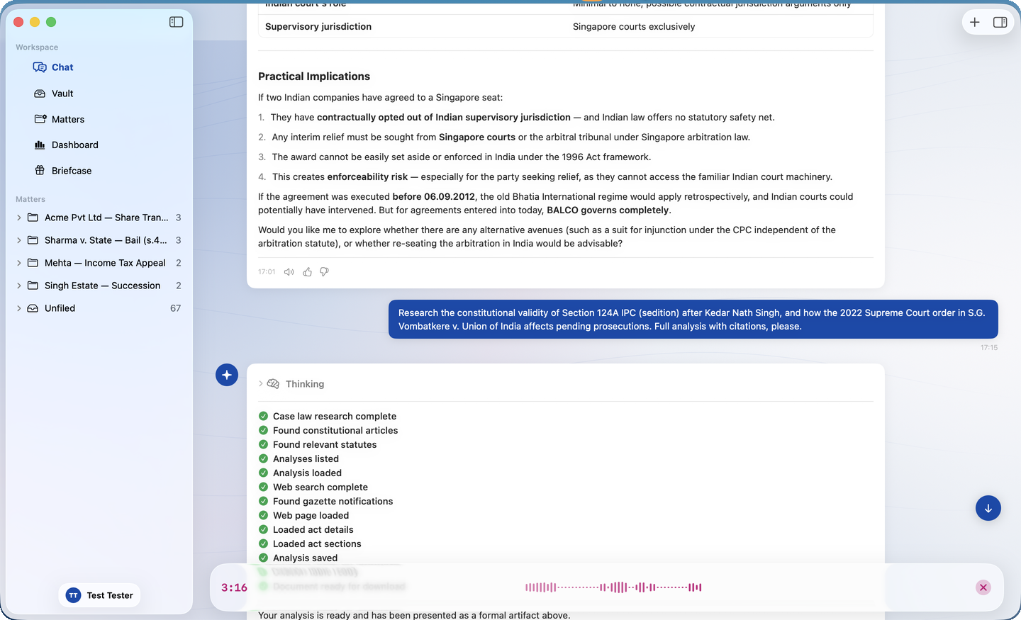Dictation active in the Mac app — live waveform and timer in the chat input while a query is spoken